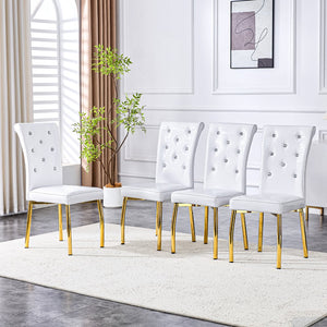 English Elm Set of 4 Glam Faux Leather Dining Chairs with Crystal Buckle and Gold Tone Legs White+Gold W3226P311058