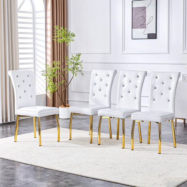 English Elm Set of 4 Glam Faux Leather Dining Chairs with Crystal Buckle and Gold Tone Legs White+Gold W3226P311058