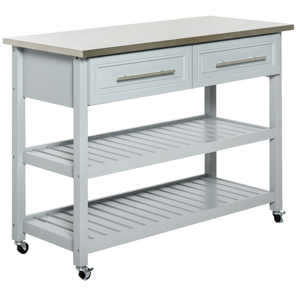 English Elm Homcom Rolling Kitchen Island With Stainless Steel Top, 2-Tier Storage, Drawers & Casters In Light Gray W2225P217369