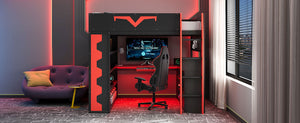 English Elm Full Size Gaming Loft Bed with Desk Rgb Lighting Power Outlet and Storage Drawer Red LT000285AAJ