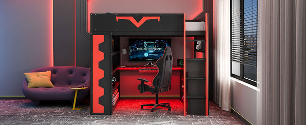 English Elm Full Size Gaming Loft Bed with Desk Rgb Lighting Power Outlet and Storage Drawer Red LT000285AAJ