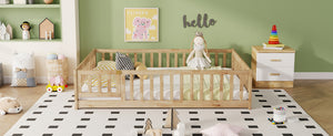 English Elm Full Size Rubberwood Floor Bed with Safety Guardrails and Latching Door for Toddlers Natural W504P429299