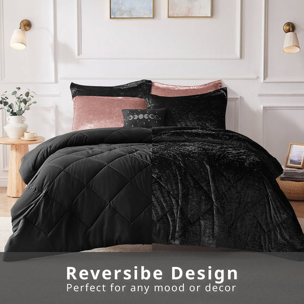 JLA Home Intelligent Design - Velvet Crushed Duvet Cover Set with Quilted Diamond Texture, Button Closure and Decorative Pillow Black ID12-1945