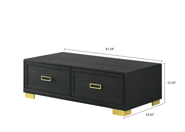 English Elm 1pc Sleek Contemporary Coffee Table with Storage Drawers, Metal Pulls and Modern Wooden Design Black,Gold 51 L x 27 W x 18 H B011P245404