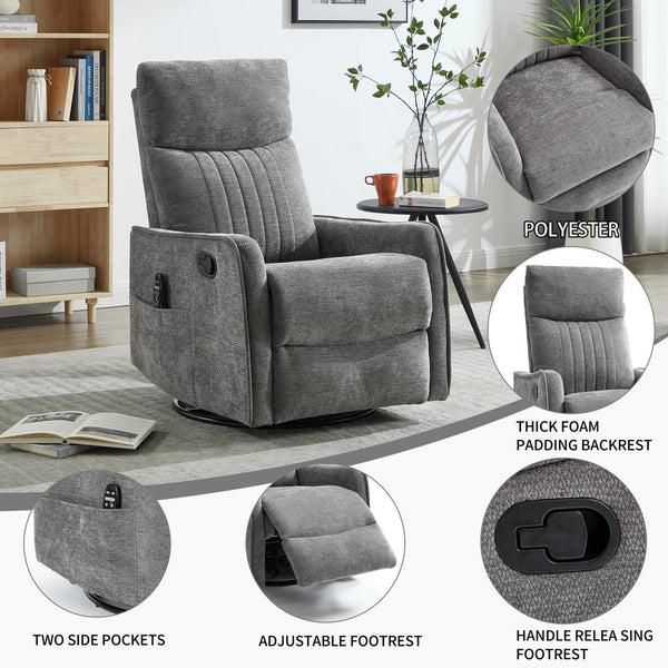 English Elm Blue Fabric Swivel Rocker Recliner with Massage Heat Nodes for Living Room Comfort Dark Gray W1803P321841