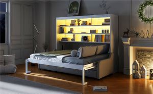 English Elm Full Size Murphy Cabinet Bed With Sofa, Built-In Storage & Led Lights - Stylish Space Saver In Beige N7090000602A