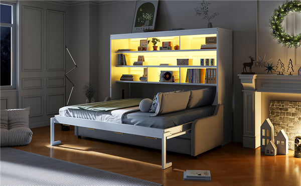 English Elm Full Size Murphy Cabinet Bed With Sofa, Built-In Storage & Led Lights - Stylish Space Saver In Beige N7090000602A