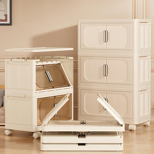 English Elm Cream 4-Tier Folding Storage Cabinet On Wheels – Versatile, Collapsible & Durable Organization Solution W2873P239387