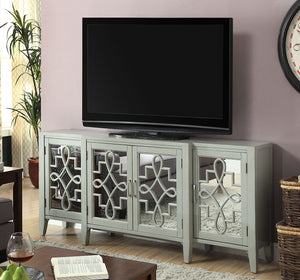 English Elm Kacia Antique Gray Console Cabinet with Mirrored Ornamental Doors, 4-Door Storage, Solid Wood Legs B2726P277146
