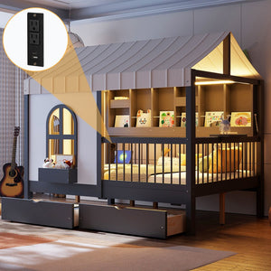 English Elm Full Size Kids House Bed with Led Bookshelf Storage Drawers and Charging Station Gray LP000378AAE