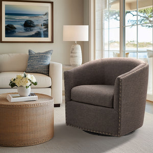 JLA Home Madison Park - Upholstered Swivel Barrel Chair with Nailheads and 360° Metal Base, Plush Foam Cushion, Versatile Elegance Chocolate MP103-0481