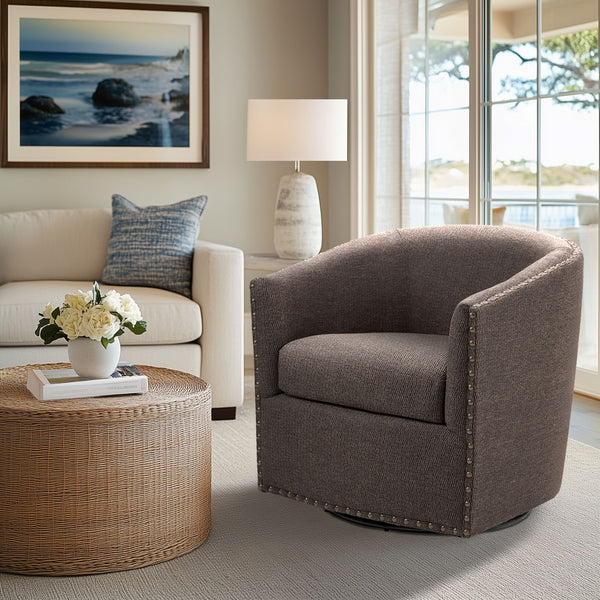 JLA Home Madison Park - Upholstered Swivel Barrel Chair with Nailheads and 360° Metal Base, Plush Foam Cushion, Versatile Elegance Chocolate MP103-0481