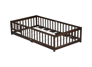 English Elm Twin Low Profile Rubberwood Floor Bed with Full Safety Fence for Toddler Rooms Espresso W504P429279