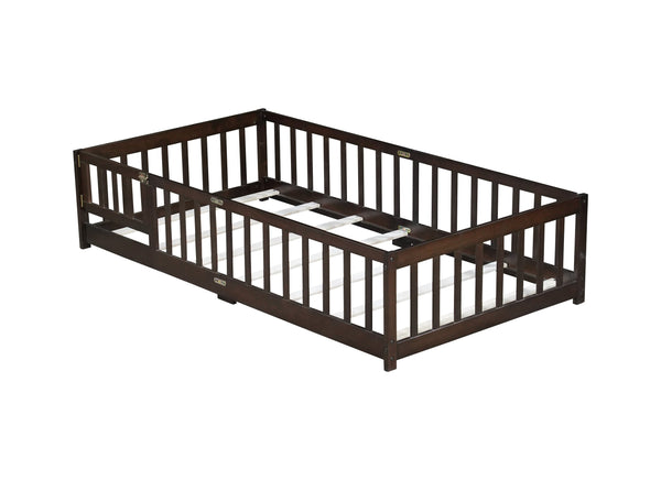 English Elm Twin Low Profile Rubberwood Floor Bed with Full Safety Fence for Toddler Rooms Espresso W504P429279