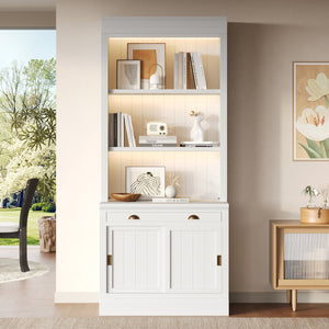 English Elm 83.4"tall Bookcase with Led Shelves Sliding Doors Open Storage Modern White N751S379858K