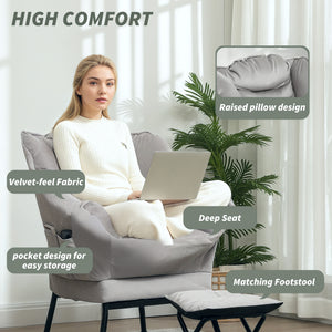 English Elm Lazy Tufted Velvet Accent Chair with Ottoman and Side Pockets for Reading Nooks T3971P405417