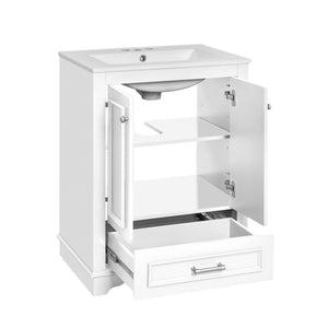 English Elm 24'' Bathroom Vanity with Ceramic Sink Combo Modern Freestanding MDF Cabinet with Soft-Close Doors and Sleek Silver Handles for Spacious Organized Bathroom Storage White N710P194893K