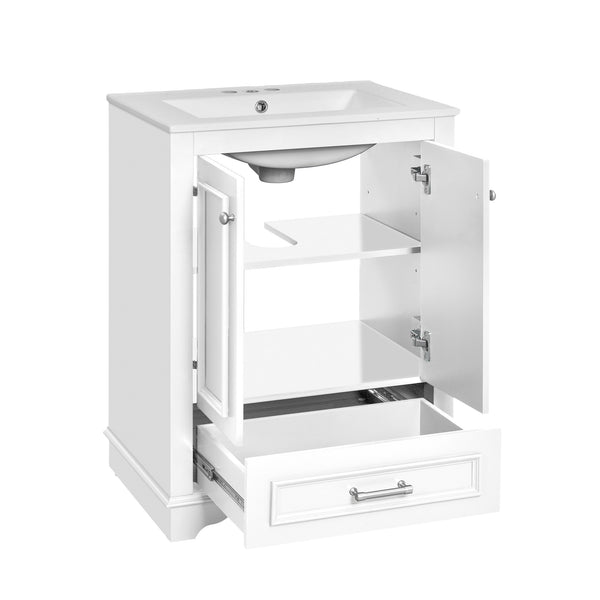 English Elm 24'' Bathroom Vanity with Ceramic Sink Combo Modern Freestanding MDF Cabinet with Soft-Close Doors and Sleek Silver Handles for Spacious Organized Bathroom Storage White N710P194893K