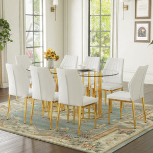 English Elm Table and Chair Set Oval Glass Top Gold Base with 8 Shell Pu Dining Chairs W1151S04729