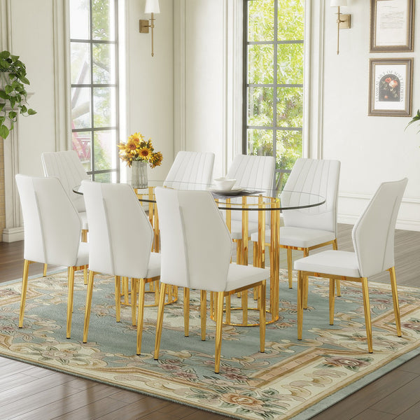 English Elm Table and Chair Set Oval Glass Top Gold Base with 8 Shell Pu Dining Chairs W1151S04729