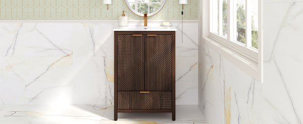 English Elm Christopher Knight Home® - 24 24-Inch Bathroom Vanity with Ceramic Sink, Textured Panels, Soft-Close Drawer & Large Storage Brown N817P339017B