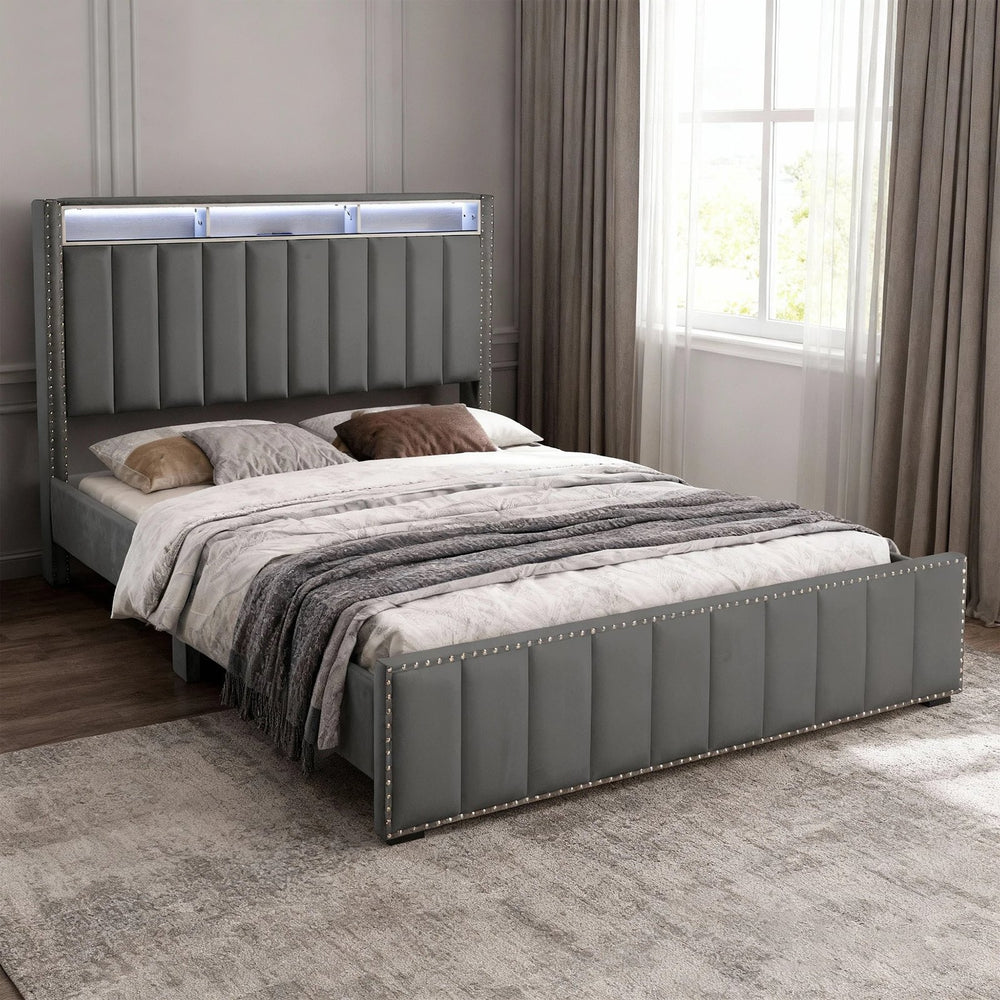 English Elm Beautiful Upholstered Full Bed with Led Lighting Storage Shelves and Channel Tufted Headboard Dark Gray B2741S00772