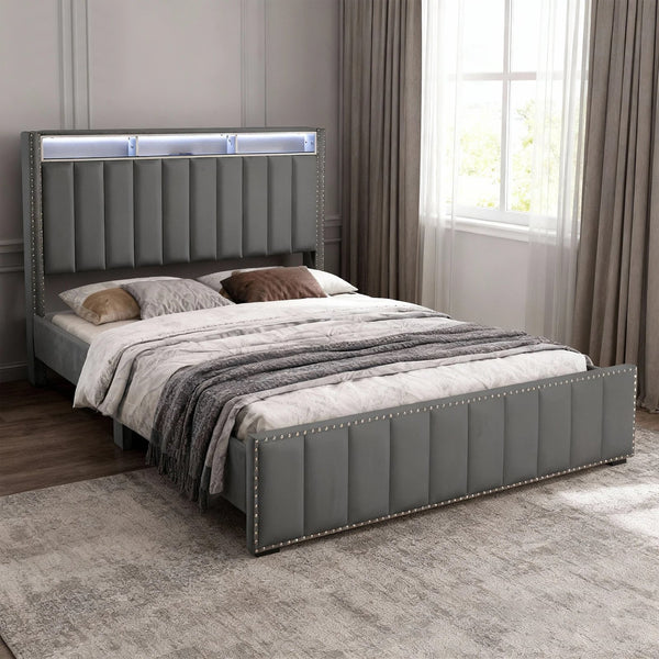 English Elm Beautiful Upholstered Full Bed with Led Lighting Storage Shelves and Channel Tufted Headboard Dark Gray B2741S00772