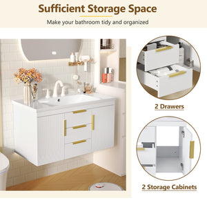 English Elm 36'' Wall Mounted Bathroom Vanity with Sink, Floating MDF Cabinet, 2 Drawers, Rust-Resistant Handles White N710P253035K