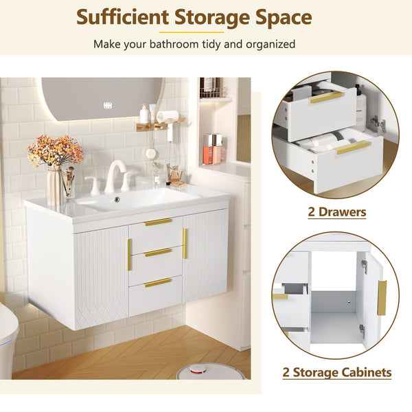 English Elm 36'' Wall Mounted Bathroom Vanity with Sink, Floating MDF Cabinet, 2 Drawers, Rust-Resistant Handles White N710P253035K