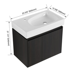 English Elm 24 Inch Bathroom Vanity Floating Ceramic Basin Sink Combo with Double-Door Wall-Mounted Storage Cabinet Durable Engineered Wood Modern Design Black W1972P190342