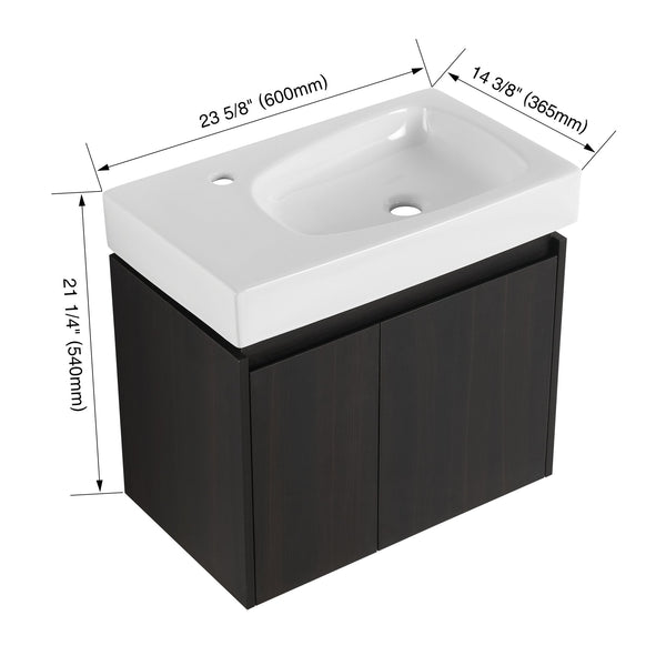 English Elm 24 Inch Bathroom Vanity Floating Ceramic Basin Sink Combo with Double-Door Wall-Mounted Storage Cabinet Durable Engineered Wood Modern Design Black W1972P190342