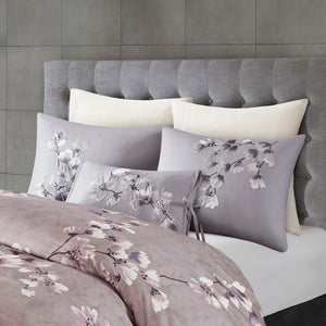 JLA Home N Natori - 3 Sakura Blossom Cotton Sateen Duvet Cover Set — Lilac Cherry Blossom Print, Embroidered Shams, OEKO-TEX 96 L x 92 W x 0.13H NS12-3257