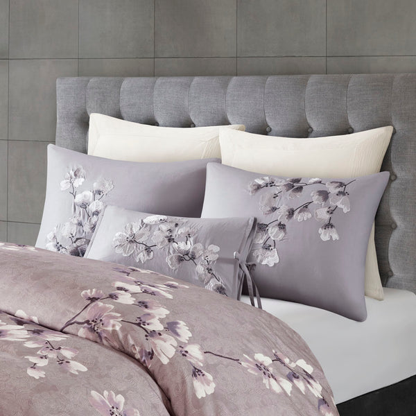 JLA Home N Natori - 3 Sakura Blossom Cotton Sateen Duvet Cover Set — Lilac Cherry Blossom Print, Embroidered Shams, OEKO-TEX 96 L x 92 W x 0.13H NS12-3257