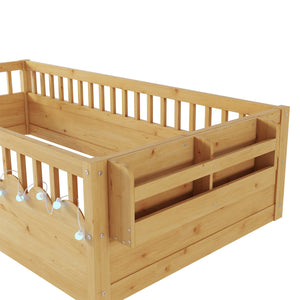 English Elm Twin Montessori Floor Bed Frame with High Rails and Built-In Light Shelf for Safe Independent Sleep Natural 79.13 L x 13 W x 6.3 H W2593P333571