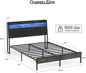 English Elm Queen Platform Bed Ergonomic Headboard Rgb Lighting Built-in Charging Storage B2716P332042