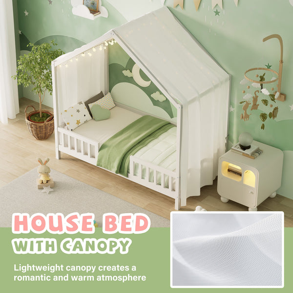 English Elm Montessori House Bed Frame Twin with Canopy & Full Guardrails, Cozy Kids Platform Bed for Toddlers White 81.5 L x 16 W x 6.6 H N733P356043K