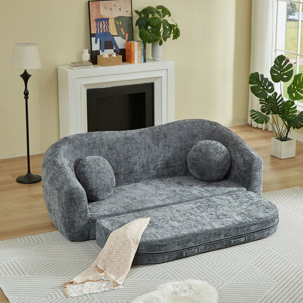 English Elm 86-inch Curved Chenille Convertible Sofa Recliner Frameless Folding Two-seater for Living Room Grey W3505P452818