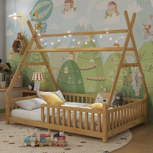 English Elm Twin Montessori Floor Bed House Frame with Led Lighting and Safety Rails for Kids Natural W2593P440591
