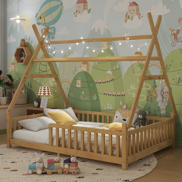 English Elm Twin Montessori Floor Bed House Frame with Led Lighting and Safety Rails for Kids Natural W2593P440591