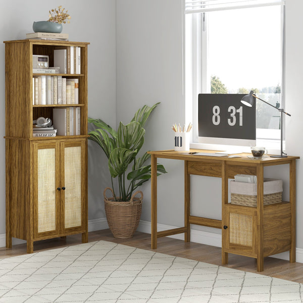 English Elm HOMCOM Rustic Rattan Bookcase with Cabinet & 3 Adjustable Open Shelves, Tall Walnut Storage Unit W2225P173972