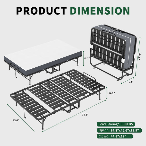 English Elm Large 75"x46" Folding Bed for Tall People — Extra-Long Wide Rollaway with 5" Memory Foam, 450lb Capacity T2398P403870
