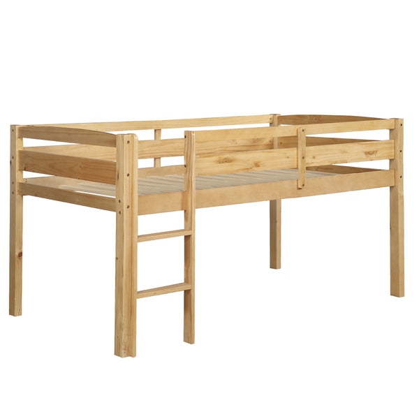English Elm Twin Low Loft Bed Solid Pine Frame with Walnut Finish and Open Floor Space Below N708P340482D