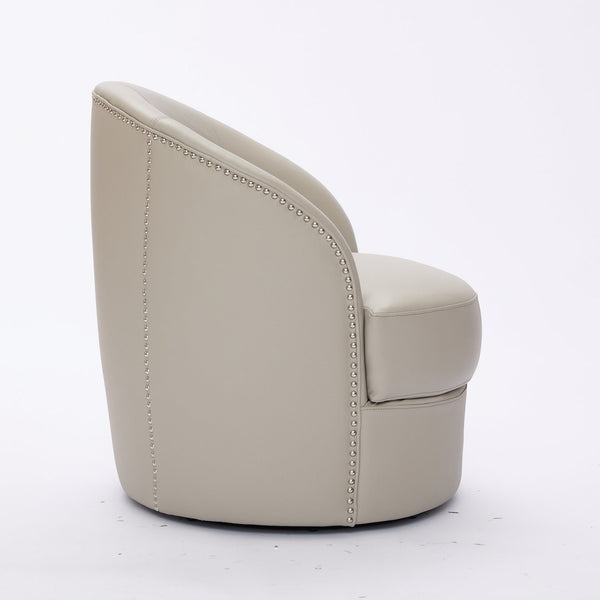 English Elm Gream Cream Top-Grain Leather Swivel Chair — 360° Smooth Spin, Riveted Mid-Century Lounge for Home Office W570P386956