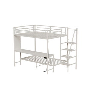 English Elm Black Metal Loft Bed with Built-in Desk Rgb Led Lighting and Charging Station White W1671S00010