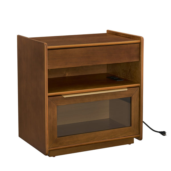 English Elm Mid Century Modern Nightstand With Usb Charging Ports, Glass Drawer & Ample Storage For Any Room W1801P303389