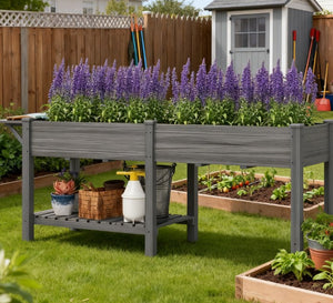 English Elm Elevated Fir Wood Raised Planter with Foldable Side Table and Bottom Storage Shelf T3971P423040