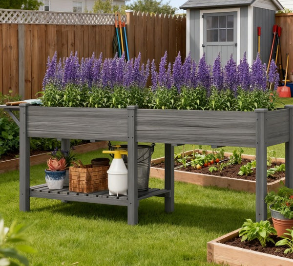 English Elm Elevated Fir Wood Raised Planter with Foldable Side Table and Bottom Storage Shelf T3971P423040