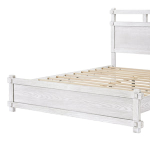 English Elm Queen Farmhouse Platform Bed Antique White Wood Grain Two-tiered Headboard Solid Frame N758P369329W
