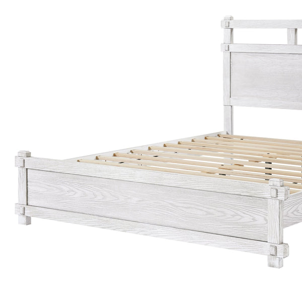 English Elm Queen Farmhouse Platform Bed Antique White Wood Grain Two-tiered Headboard Solid Frame N758P369329W