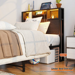 English Elm Twin Metal Platform Bed with Storage Headboard, RGB LED Lights, USB Charging, Under-Bed Space W840P201065